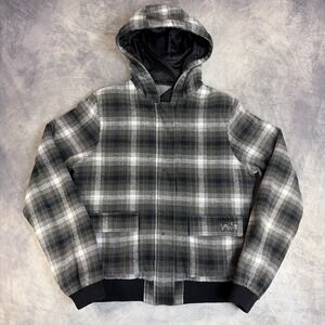 Volcom Intermission Jacket Mens XL Grey Plaid Hooded Flannel Full Zip Padded